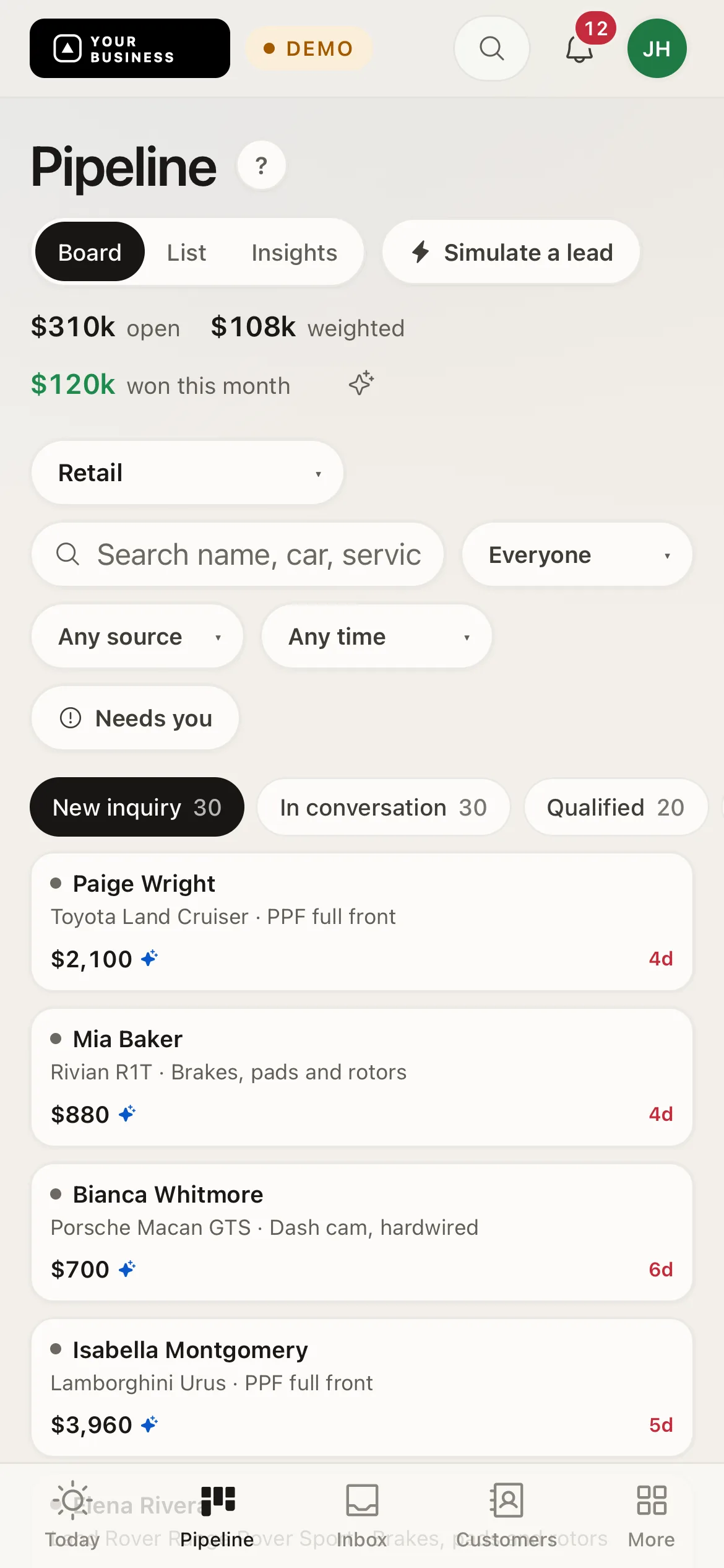 The pipeline on an iPhone with filters, stage tabs and deal cards showing customer, vehicle, value and days waiting.